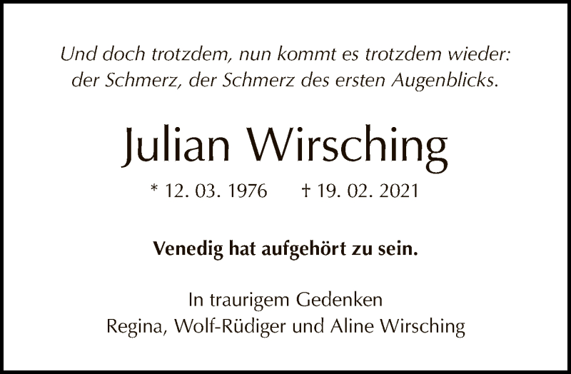 Traueranzeige für Julian Wirsching vom 20.02.2022 aus Tagesspiegel
