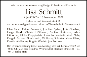 Traueranzeige von Lisa Schmitt von Tagesspiegel