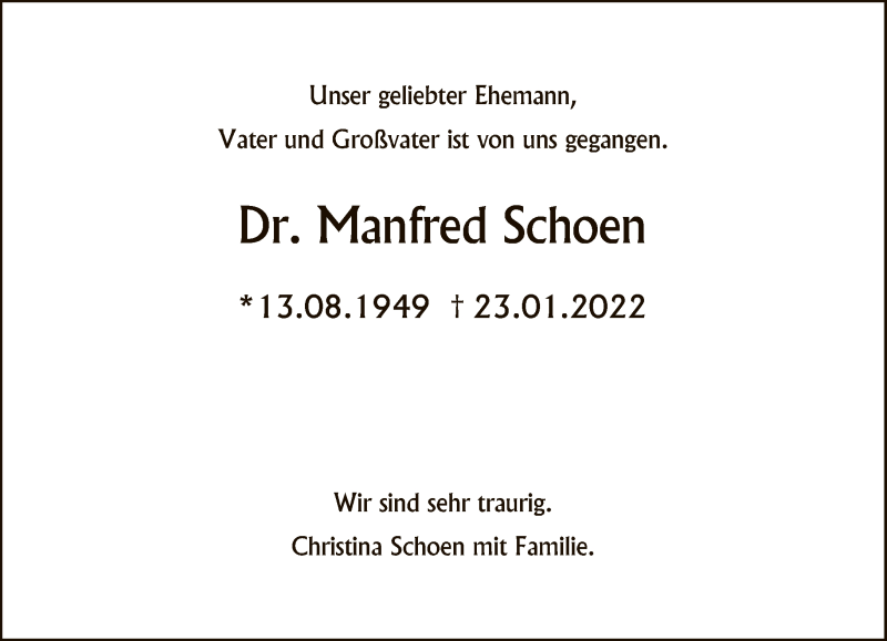  Traueranzeige für Manfred Schoen vom 06.02.2022 aus Tagesspiegel
