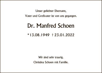 Traueranzeige von Manfred Schoen von Tagesspiegel