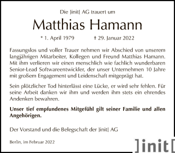 Traueranzeige von Matthias Hamann von Tagesspiegel