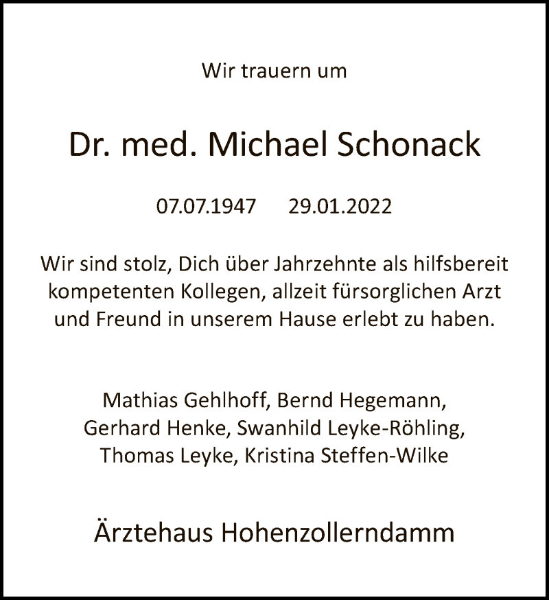  Traueranzeige für Michael Schonack vom 06.02.2022 aus Tagesspiegel