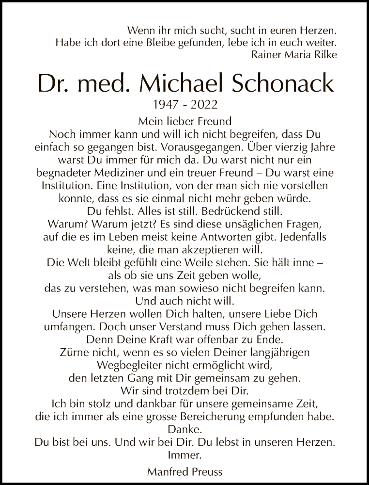  Traueranzeige für Michael Schonack vom 13.02.2022 aus Tagesspiegel