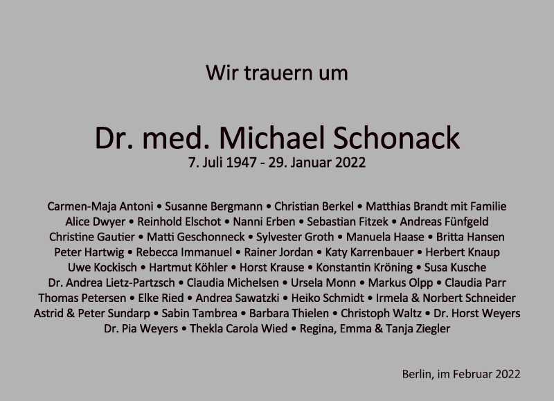  Traueranzeige für Michael Schonack vom 06.02.2022 aus Tagesspiegel