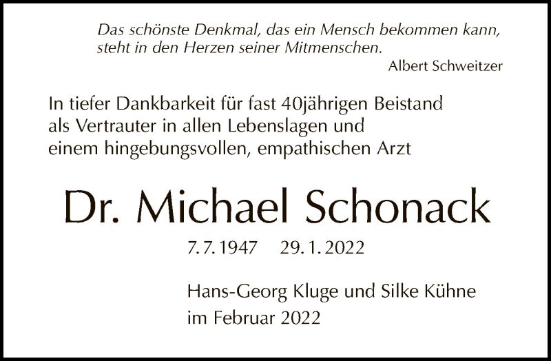  Traueranzeige für Michael Schonack vom 20.02.2022 aus Tagesspiegel