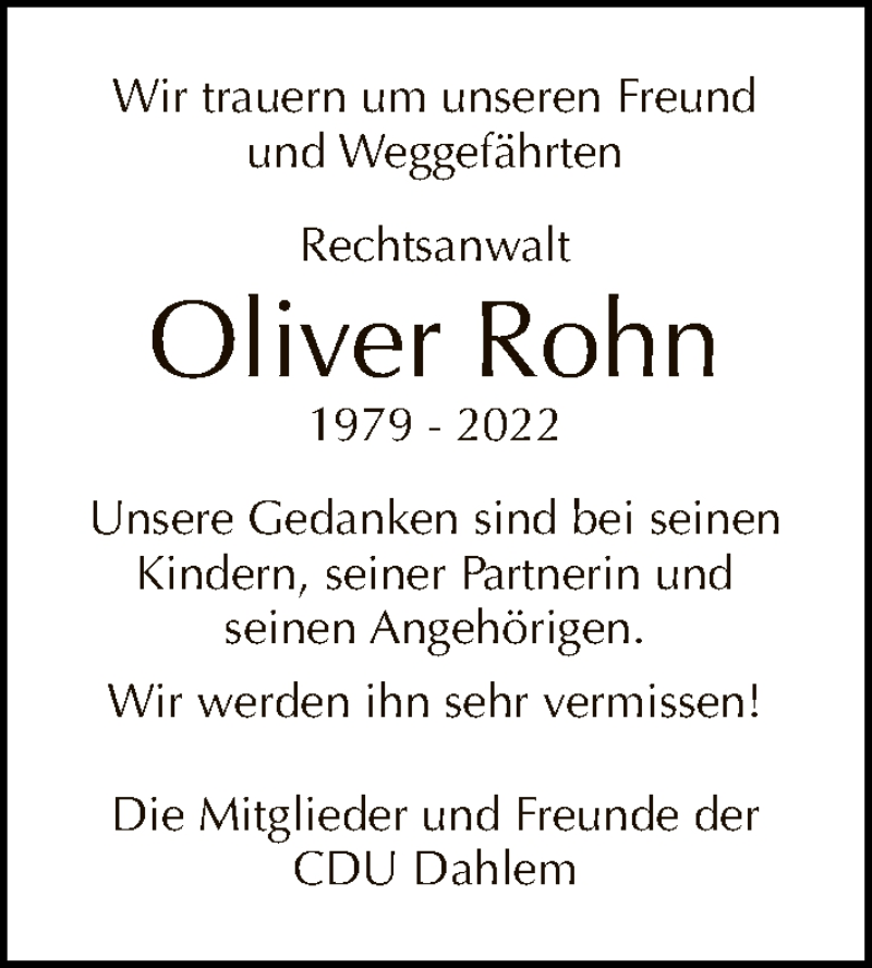  Traueranzeige für Oliver Rohn vom 27.02.2022 aus Tagesspiegel