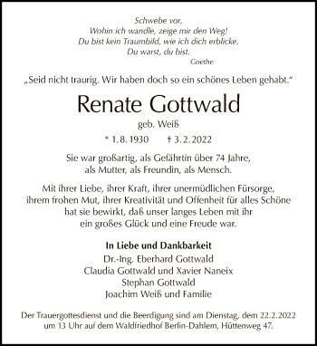Traueranzeige von Renate Gottwald von Tagesspiegel