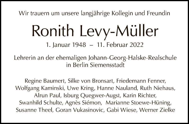  Traueranzeige für Ronith Levy-Müller vom 27.02.2022 aus Tagesspiegel