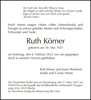 Traueranzeige von Ruth Körner von Tagesspiegel