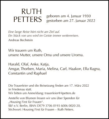 Traueranzeige von Ruth Petters von Tagesspiegel