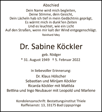 Traueranzeige von Sabine Köckler von Tagesspiegel