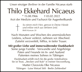 Traueranzeige von Thilo Ekkehard Nicaeus von Tagesspiegel