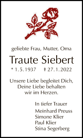 Traueranzeige von Traute Siebert von Tagesspiegel