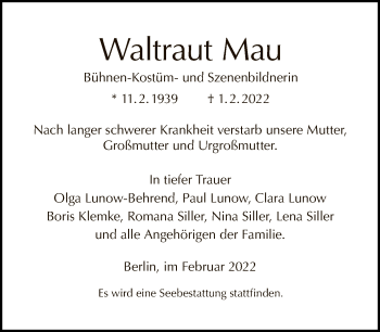Traueranzeige von Waltraut Mau von Tagesspiegel