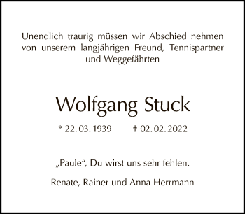 Traueranzeige von Wolfgang Stuck von Tagesspiegel