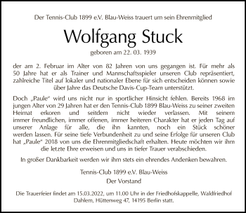 Traueranzeige von Wolfgang Stuck von Tagesspiegel