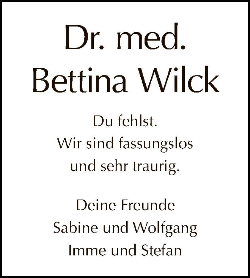  Traueranzeige für Bettina Wilck vom 13.03.2022 aus Tagesspiegel