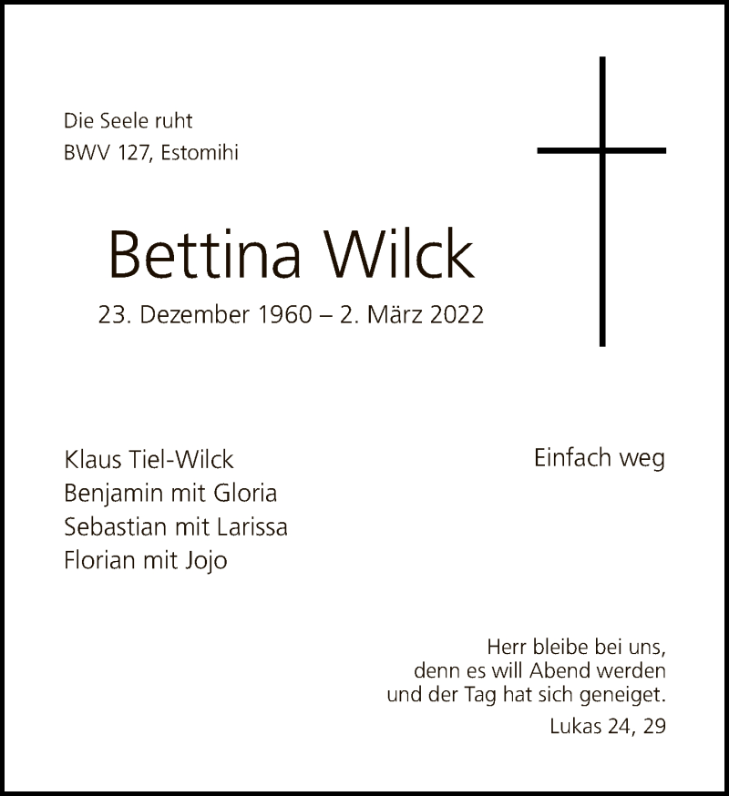  Traueranzeige für Bettina Wilck vom 06.03.2022 aus Tagesspiegel