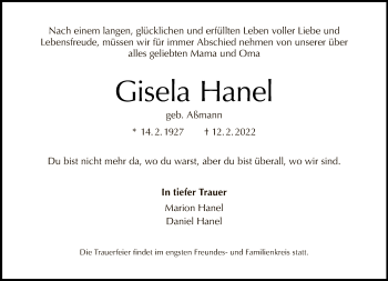 Traueranzeige von Gisela Hanel von Tagesspiegel
