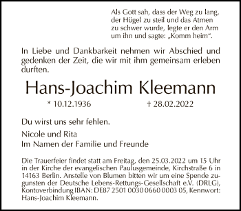 Traueranzeige von Hans-Joachim Kleemann von Tagesspiegel