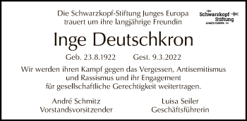 Traueranzeige von Inge Deutschkron von Tagesspiegel