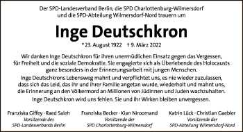 Traueranzeige von Inge Deutschkron von Tagesspiegel