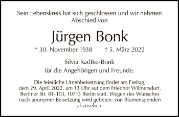 Traueranzeige von Jürgen Bonk von Tagesspiegel