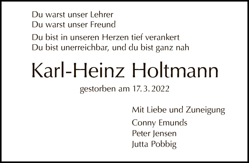  Traueranzeige für Karl-Heinz Holtmann vom 27.03.2022 aus Tagesspiegel