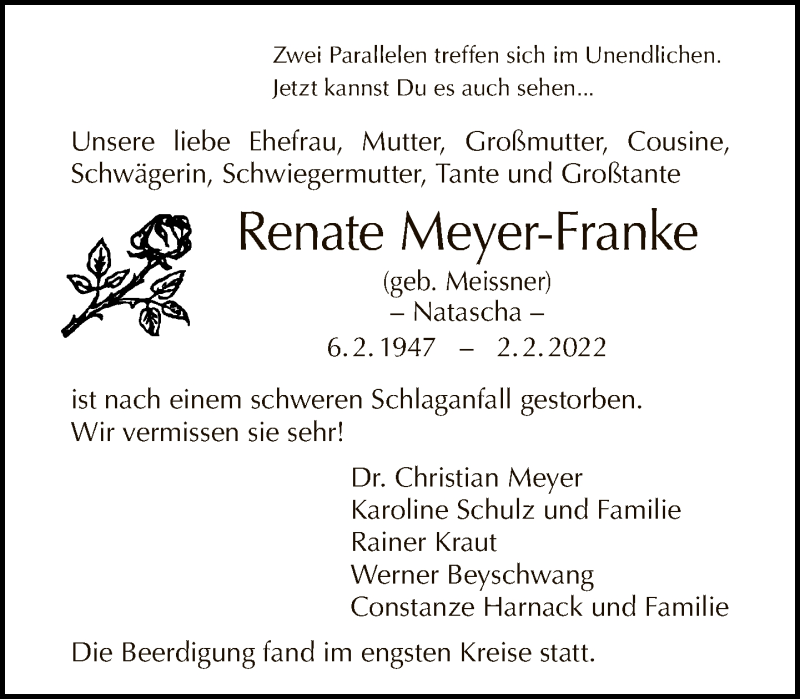  Traueranzeige für Renate Meyer-Franke vom 02.03.2022 aus Tagesspiegel