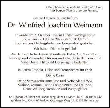 Traueranzeige von Winfried Joachim Weimann von Tagesspiegel