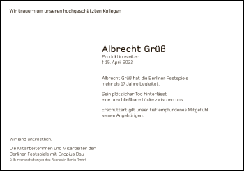 Traueranzeige von Albrecht Grüß von Tagesspiegel