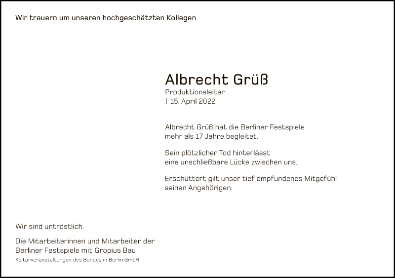  Traueranzeige für Albrecht Grüß vom 01.05.2022 aus Tagesspiegel