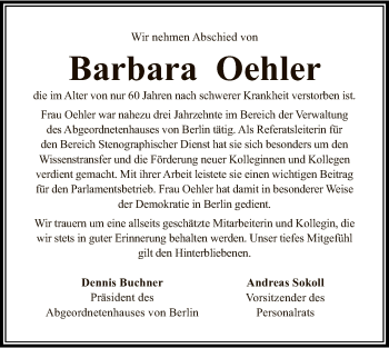 Traueranzeige von Barbara Oehler von Tagesspiegel