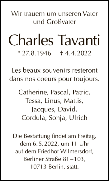 Traueranzeige von Charles Tavanti von Tagesspiegel