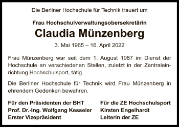 Traueranzeige von Claudia Münzenberg von Tagesspiegel
