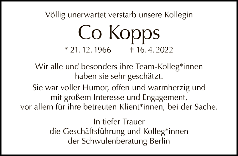  Traueranzeige für Co Kopps vom 24.04.2022 aus Tagesspiegel