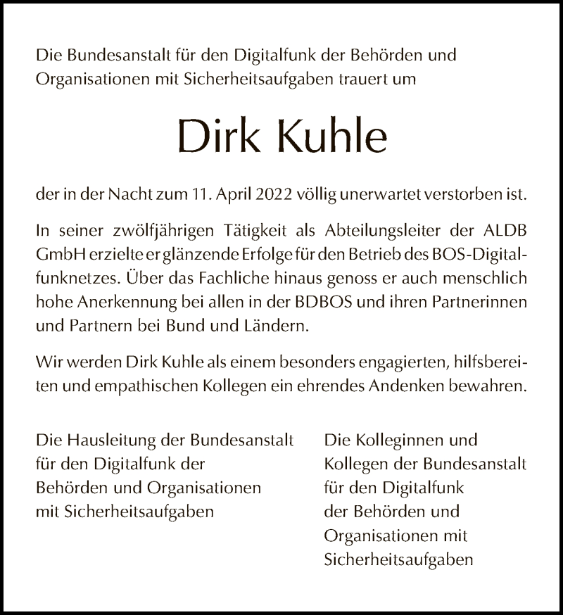  Traueranzeige für Dirk Kuhle vom 23.04.2022 aus Tagesspiegel