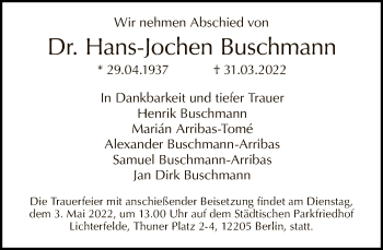 Traueranzeige von Hans-Jochen Buschmann von Tagesspiegel