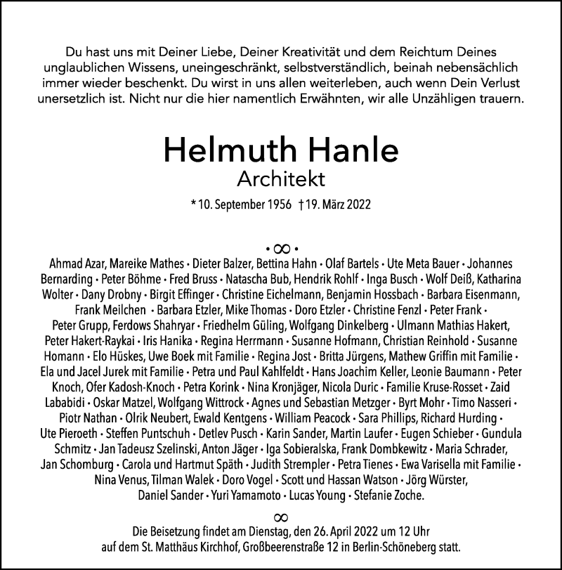  Traueranzeige für Helmuth Hanle vom 10.04.2022 aus Tagesspiegel