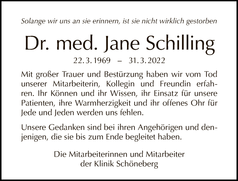  Traueranzeige für Jane Schilling vom 10.04.2022 aus Tagesspiegel