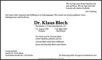 Traueranzeige von Klaus Blech von Tagesspiegel