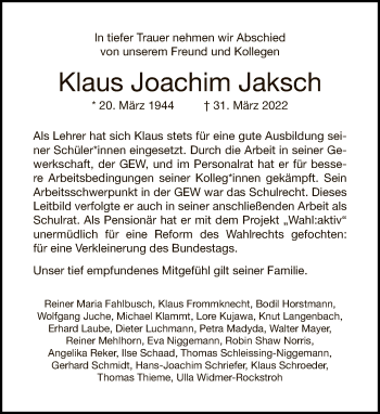 Traueranzeige von Klaus Joachim Jaksch von Tagesspiegel
