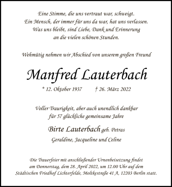 Traueranzeige von Manfred Lauterbach von Tagesspiegel