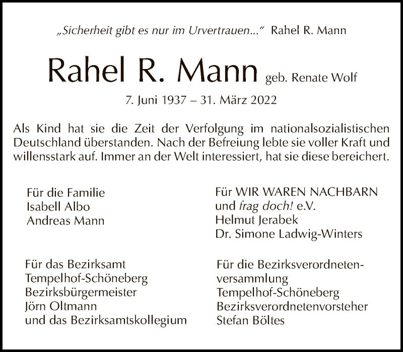  Traueranzeige für Rahel R. Mann vom 10.04.2022 aus Tagesspiegel