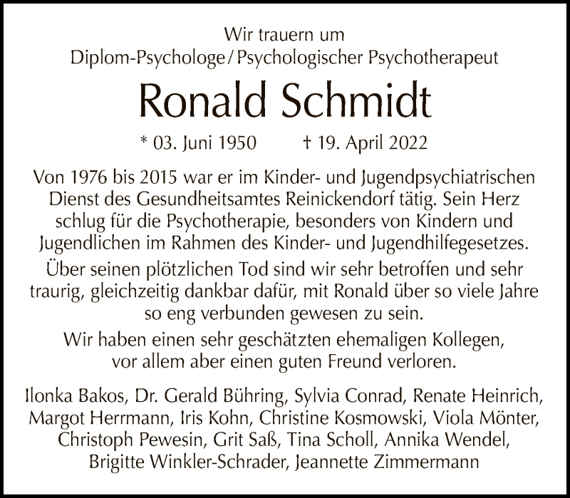  Traueranzeige für Ronald Schmidt vom 01.05.2022 aus Tagesspiegel