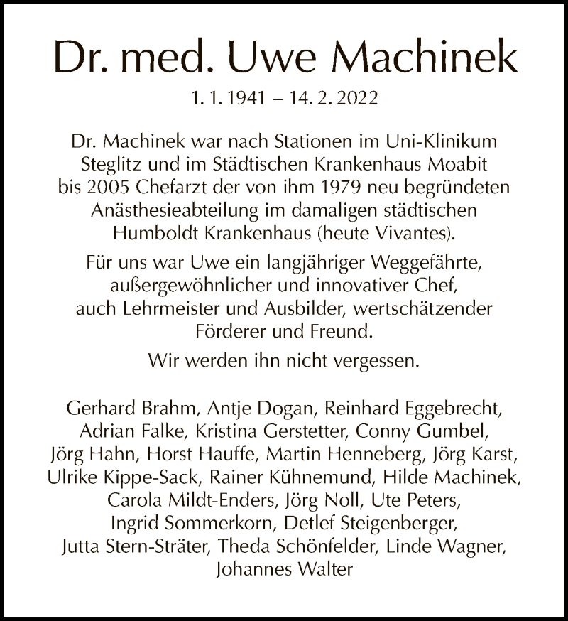  Traueranzeige für Uwe Machinek vom 03.04.2022 aus Tagesspiegel