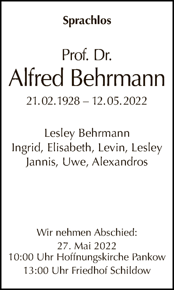  Traueranzeige für Alfred Behrmann vom 22.05.2022 aus Tagesspiegel