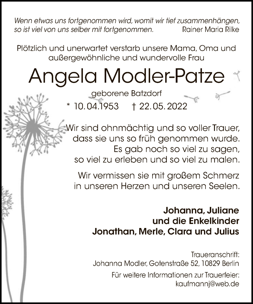  Traueranzeige für Angela Modler-Patze vom 29.05.2022 aus Tagesspiegel