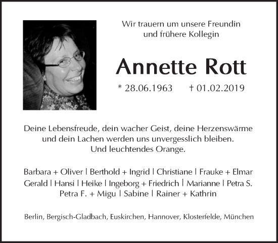 Traueranzeige von Annette Rott von Tagesspiegel