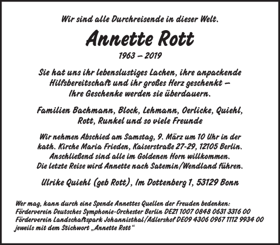 Traueranzeige von Annette Rott von Tagesspiegel
